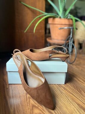 Pointed Slingback Kitten Heel in Brown Suede